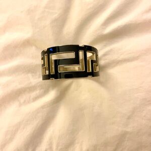 Black & Gold Greek Key Enamel Style Metal Cuff Bracelet – Statement Bangle